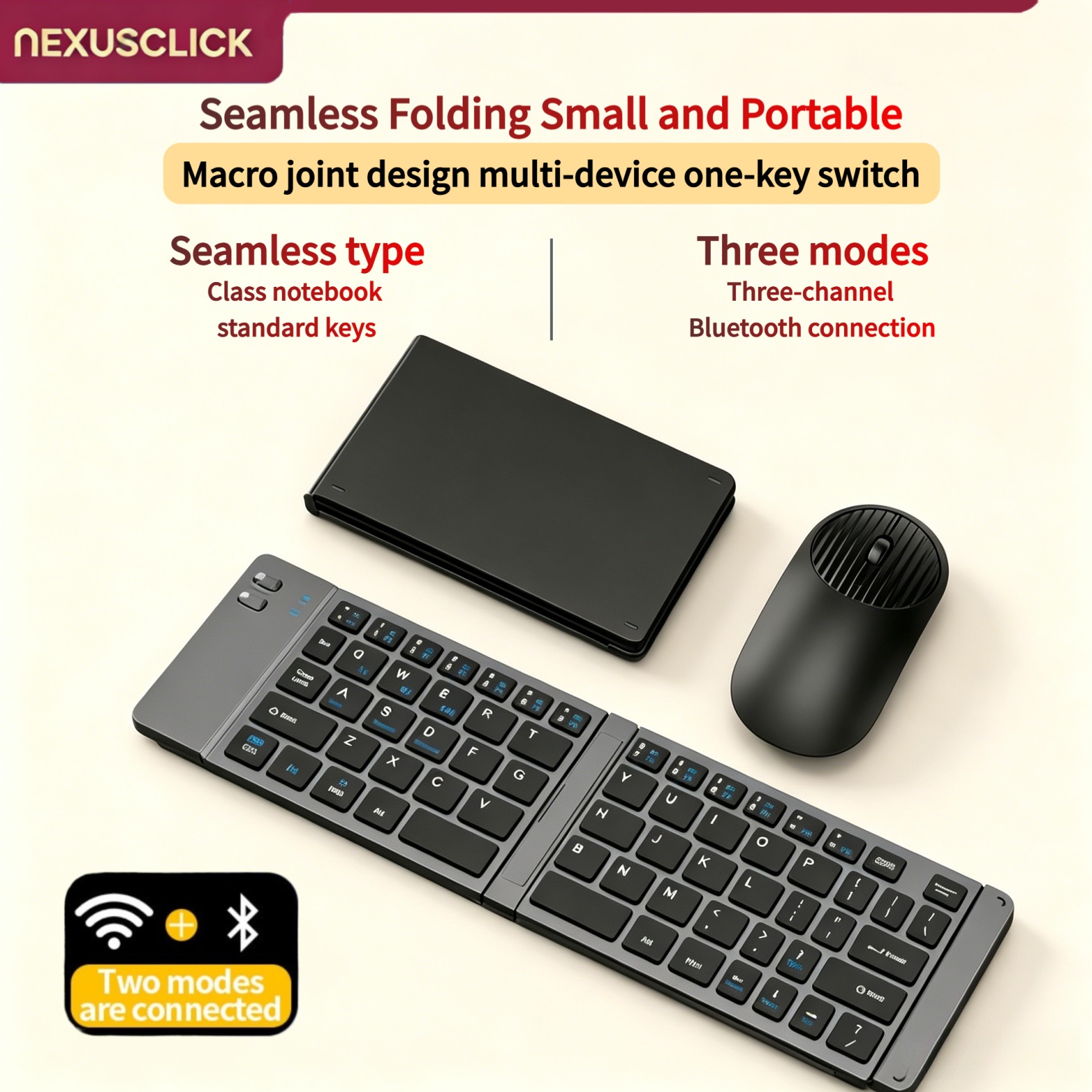 Gaming Keyboard And Mouse Combo Wireless - NexusClick Neues Mini-Wireless-Bluetooth-Tastatur-Maus-Set, wiederaufladbar, faltbar, tragbar,